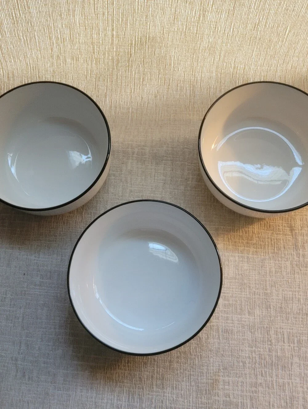 Sur La Table White Ceramic Bowls with Black Trim - Set of 3. Excellent